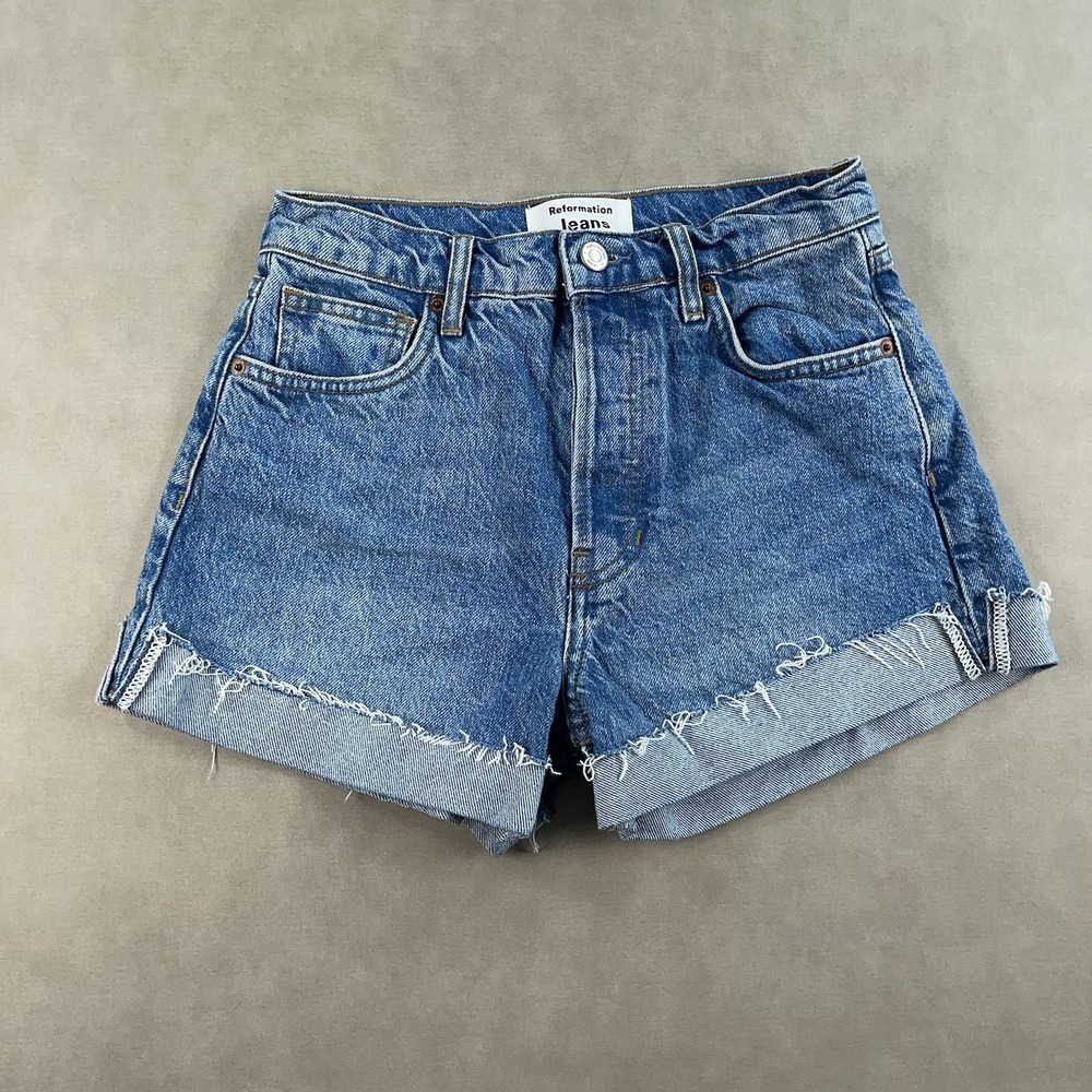 Reformation Charlie Cuffed High Rise Denim Jean Shorts Medium Wash Blue Size 25